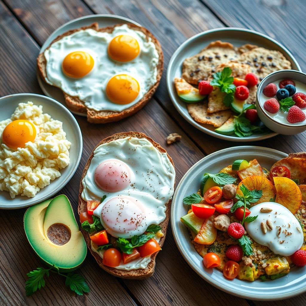 A vibrant breakfast scene featuring a variety of protein-rich options