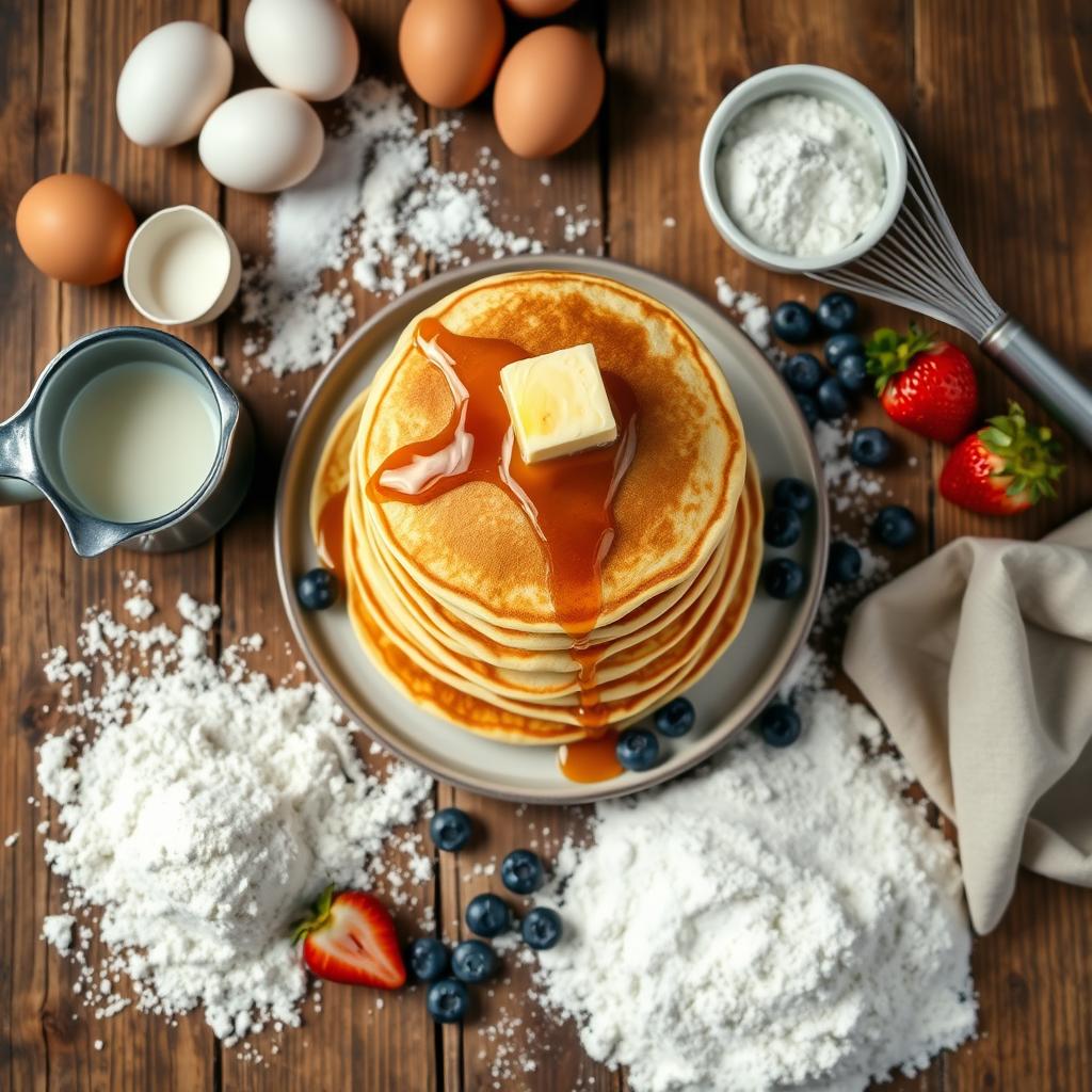 Why are pancakes popular for breakfast? - A flat lay composition of pancake ingredients