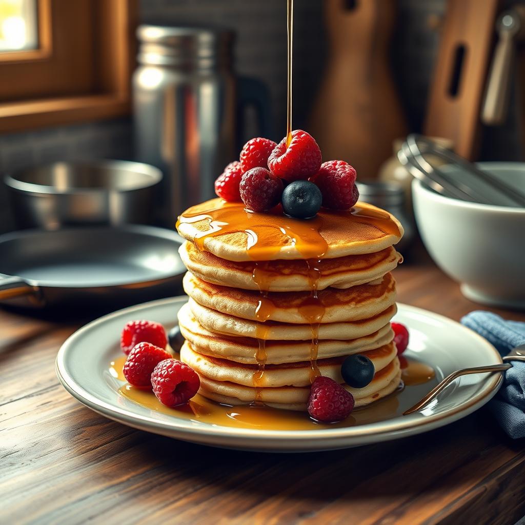 A cozy kitchen scene featuring a stack of perfectly golden mini pancakes 