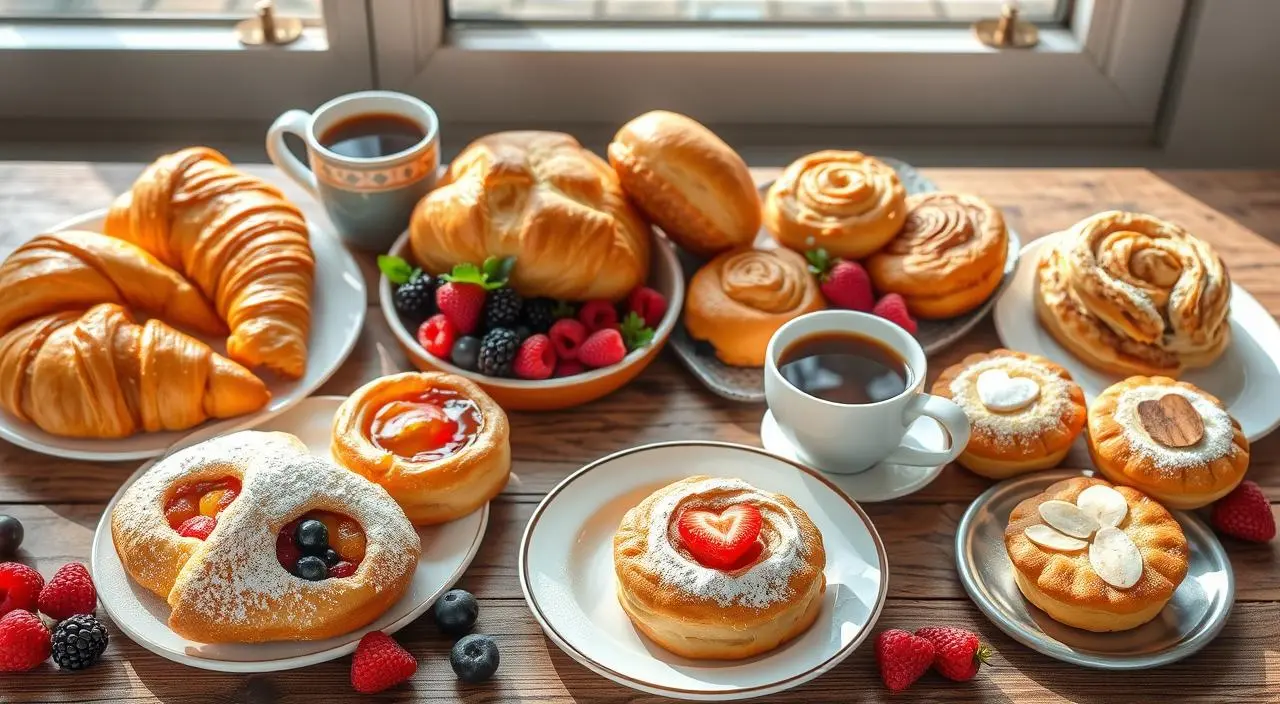 An assortment of breakfast pastries including croissants, danishes, and cinnamon rolls, with fresh berries and coffee, displayed on a rustic table near a sunlit window.