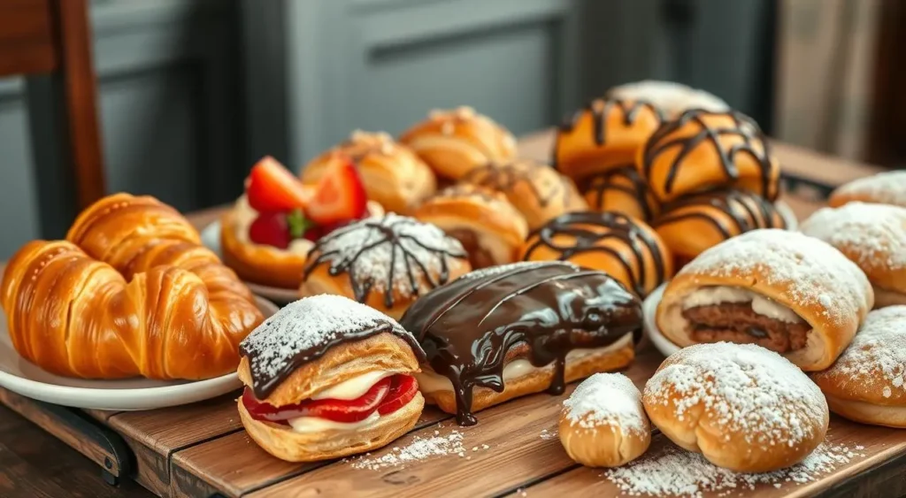 An assortment of breakfast pastries featuring croissants, eclairs, and cream-filled rolls with powdered sugar, chocolate drizzle, and fresh strawberries on a wooden table.