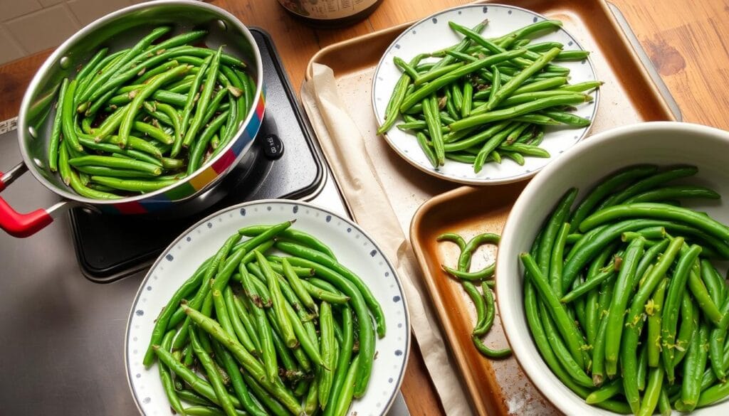Green Bean Cooking Techniques Green beans prepared using sautéing, steaming, roasting, and blanching techniques, with vibrant visuals and a rustic kitchen background.
