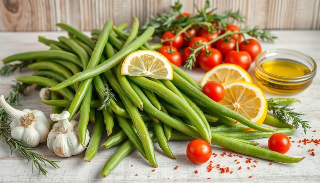 Green Beans Flavor Combinations Fresh green beans on a wooden cutting board surrounded by garlic, lemon zest, paprika, black pepper, and olive oil in a warm kitchen setting