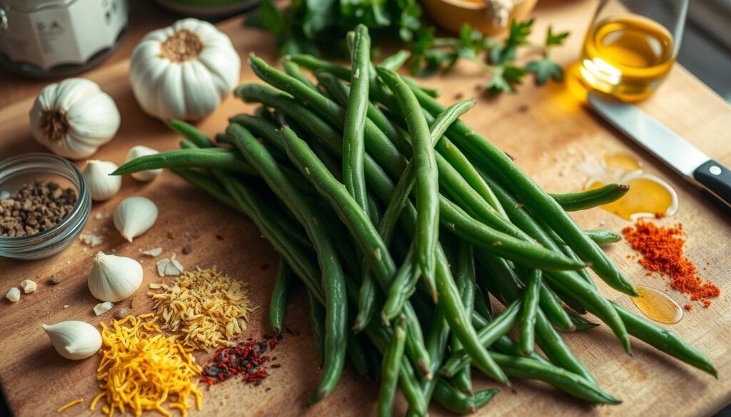 Green Beans Seasoning Techniques Fresh green beans on a wooden cutting board surrounded by garlic, lemon zest, paprika, black pepper, and olive oil in a warm kitchen setting