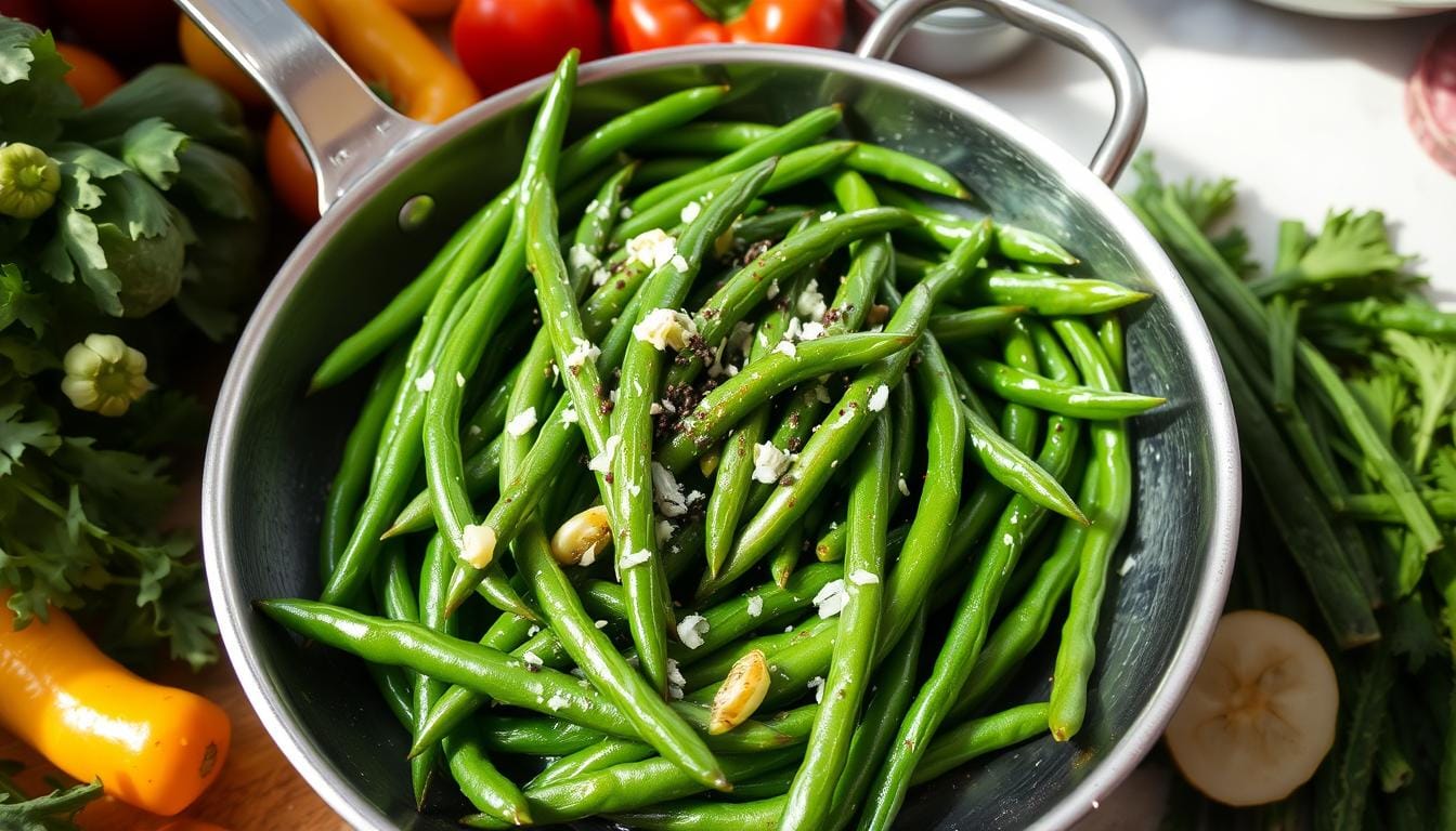 Fresh green beans sautéed with garlic and olive oil, garnished with sea salt and black pepper, surrounded by colorful vegetables in a vibrant kitchen.