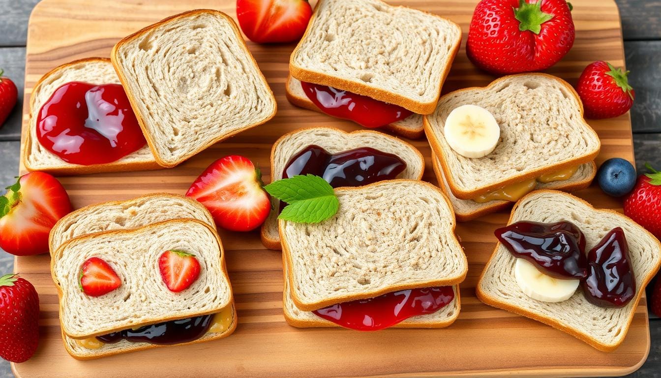 Peanut butter and jelly sandwiches with different bread types and jelly flavors like strawberry, grape, and raspberry, showcasing What Jelly Goes with Peanut Butter Sandwich?