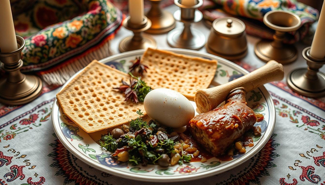 Passover Seder plate with matzah, bitter herbs, charoset, a roasted egg, and a shank bone, illustrating What are the 5 Forbidden Foods on Passover?