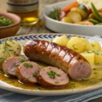 Grilled pickled sausage with potatoes, mustard sauce, and a side of steamed vegetables on a rustic plate.