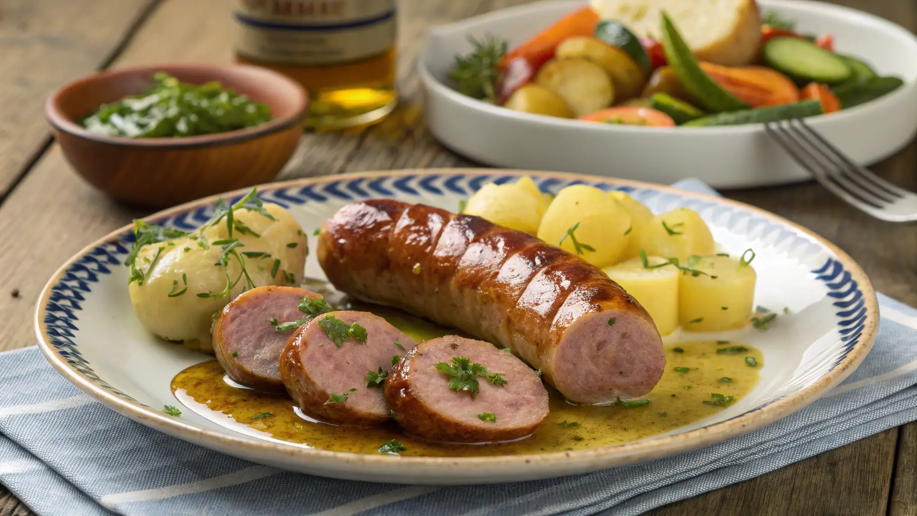 Grilled pickled sausage with potatoes, mustard sauce, and a side of steamed vegetables on a rustic plate.