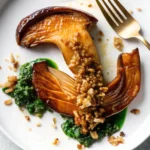 A beautifully plated king oyster mushroom with a golden-brown sear