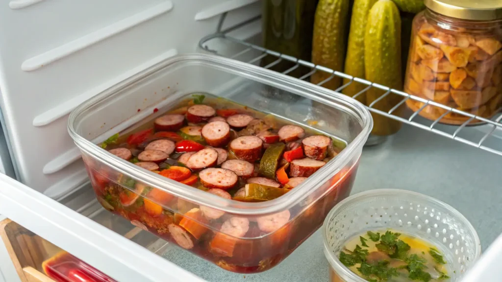 Pickled sausage slices in a brine-filled container stored in a refrigerator alongside jars of pickles.