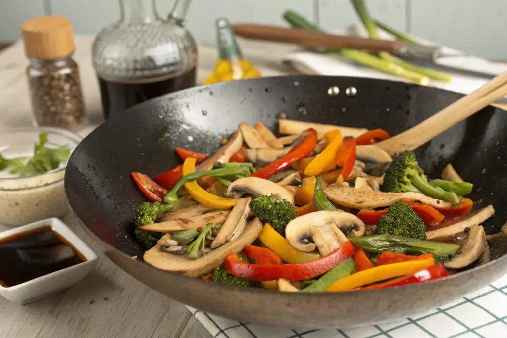 Stir-fried king trumpet mushrooms with broccoli..