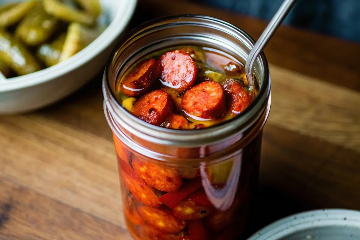 spicy pickled sausage in a jar