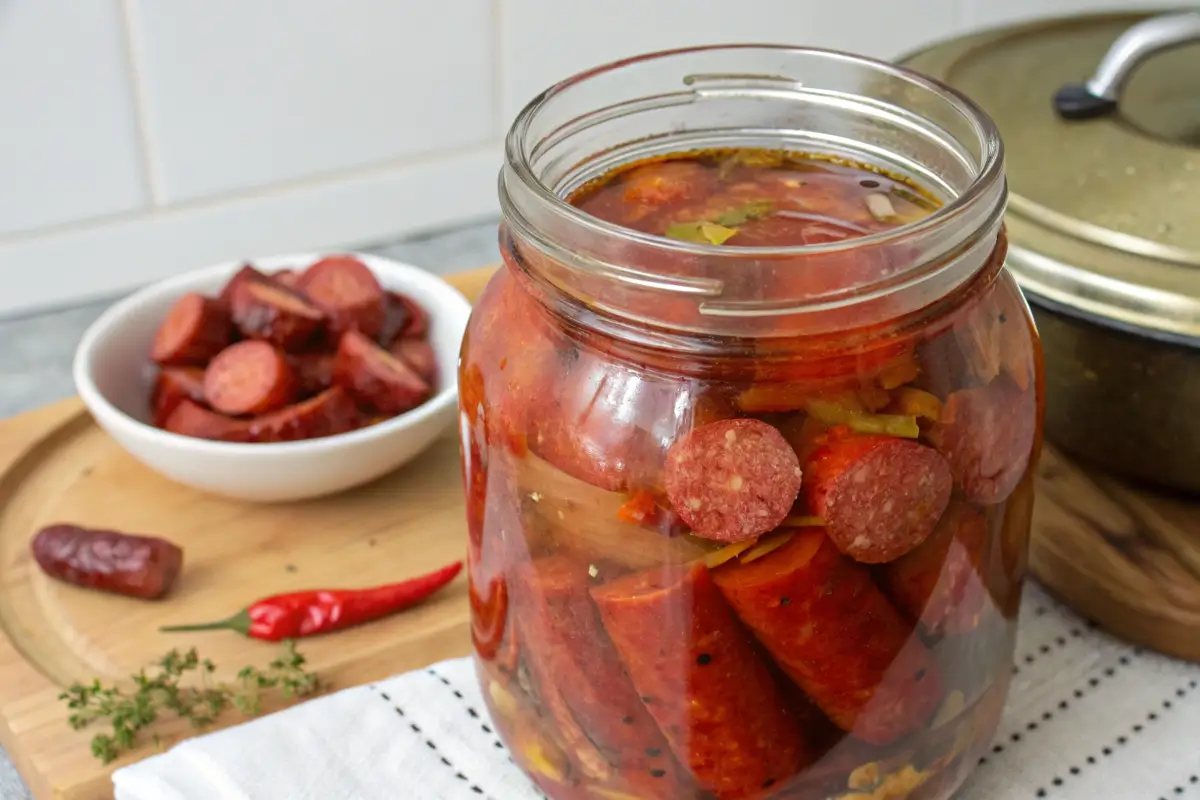 Pickled sausage in a jar with chili peppers and sliced sausage served on the side, showcasing ingredients of a flavorful brine.